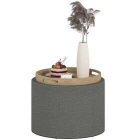 Round Storage Ottoman Coffee Table with Flip Top Tray, Linen Fabric Upholstered Footstool with Hidden Compartment