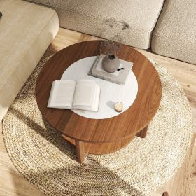 Farmhouse Accent Round Coffee Table with 2-Tone Tabletop and Open Storage Shelf for Living Room
