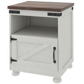 Side Table with Storage, End Table with Open Shelf, Cupboard and Wood Legs, Modern and Farmhouse Style, White