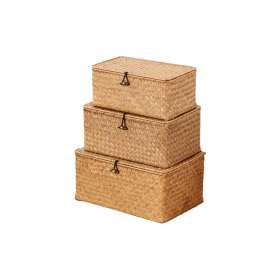 Storage Basket with Lid, Natural Seagrass Bin with Lid Set of 3, Shelf Baskets Multipurpose Container for Boho Decoration