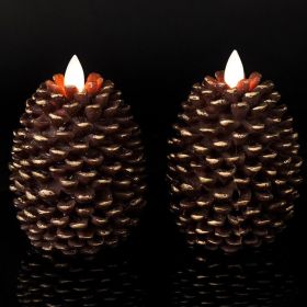 Flameless Candles with Timer, Battery Operated Flickering Wick Real Wax Pine Cone Candles for Holiday Indoor Decoration, Set of 2