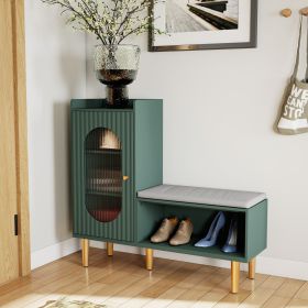 Shoe Cabinet for Entryway, L-Shaped Shoe Storage Bench with Padded Seat, Modern Organizer with Glass Door and Shelf for Hallway, Bedroom, Green