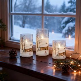 Snowman Glass Flameless Candles Battery Operated with Remote and Timer Real Wax LED Flickering Pillar Candles White Cold Light Window Christmas H