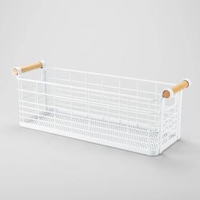 Rectangular Wire Natural Wood Handles Basket - White
