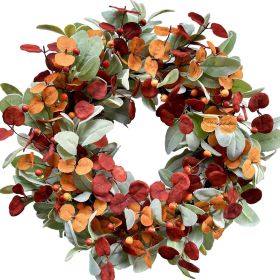 Artificial autumn wreath, decorated with lamb's ear leaves, eucalyptus leaves, and berries, suitable for indoor and outdoor farmhouse-style home