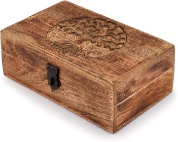 Handmade Mango Wood Tree of Life Engraving Beautifully Keepsake Box Jewellery Organiser Unique Gift Ideas for Men & Women (Flame Work Finish)