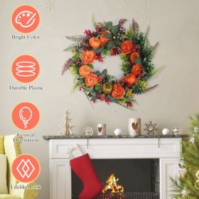17.71" Autumn Wreath with Pumpkin Mixed Leaves Berries Flowers Fall Decoration for Indoor Outdoor Window Wall Front Door in Halloween Thanks Givi