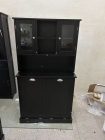 Two-Compartment Tilt-Out Dirty Laundry Basket Tall Bathroom Cabinet with 2 Adjustable Shelves-Black