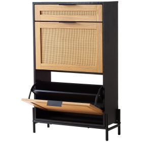 VEVOR Rattan Shoe Cabinet, Narrow Shoe Storage Organizer with 2 Flip Rattan Drawers & 1 Slide Drawer, Metal Legs