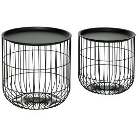 Coffee Table Set, Nest of Coffee Tables with Steel Wired Basket Body and Removable Top for Living Room, Black