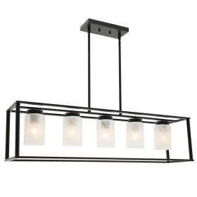 5-Light Industrial Modern Dining Room Ceiling Lighting in Matte Black Finish with Glass Shade Classic Pendant Island Lighting Fixture for Living