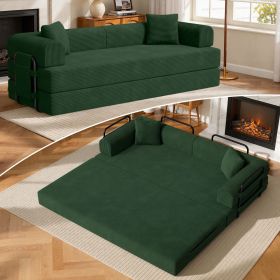 4-in-1 Folding Convertible Sofa Bed, 81" Boneless Couch with Pillow Back Support Armrest, Corduroy Loveseat Sleeper Compression Couch (Color: Green)