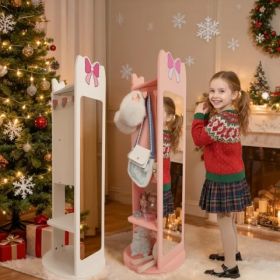 Pink, Bow-themed, MDF (medium-density Fiberboard) Painted Finish, 1-door, 1-shelf, Rotatable Base, Children's Jewelry Mirror Cabinet (Option: Defaulttitle)